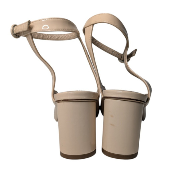 Stuart Weitzman Shape Cashew Gloss Patent Leather Halo Strap Heels Size 7 Block - Picture 6 of 15